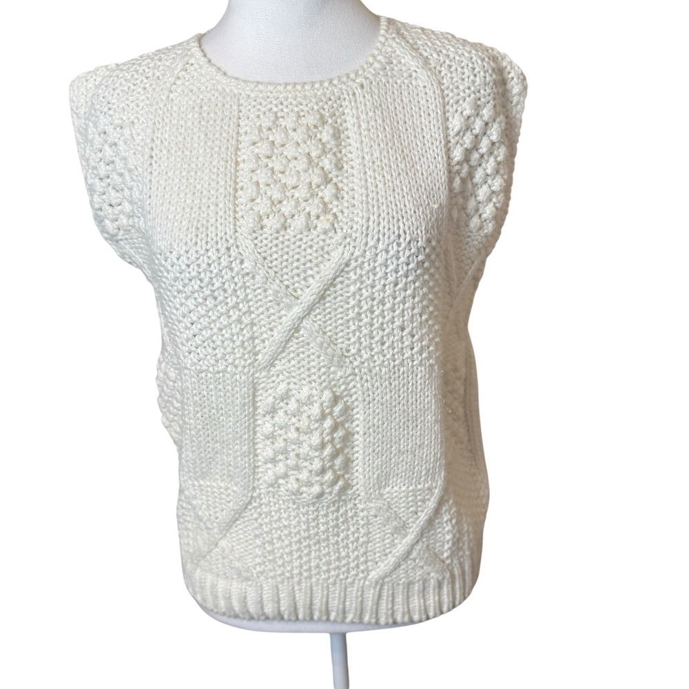 Vtg Bramble Lane Ivory White Hand Knit Sleeveless Sweater Vest Med Chunky Knit‎